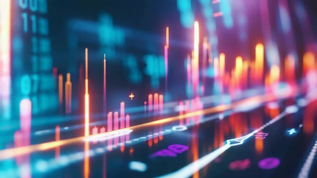 High tech digital graph and data analysis of the stock market, cyber trends, and financial growth in a modern setting.