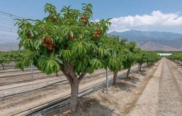 Close-up of efficient drip irrigation lines in a pistachio orchard under sunny skies
