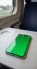 Smartphone with green screen on a train seat tray table.