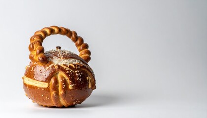 Artisanal Pretzel-Shaped Bread with Sesame Seeds on a White Background