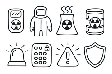 Nuclear safety linear icon set. featuring reactor, hazard suit, radiation, barrel, alarm, keypad, warning, and shield icons.
