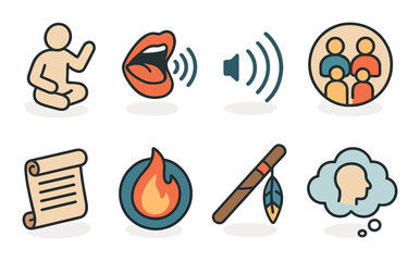 Communication and culture flat icon set. featuring speech, listening, community, scroll, fire, pipe, thought symbols.