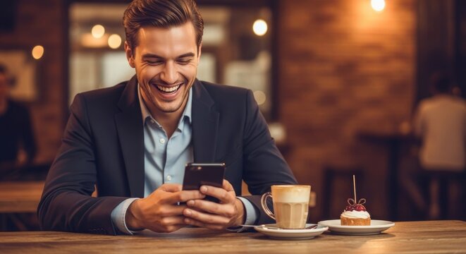 Happy businessman laughing while using a smartphone in a modern cafe.