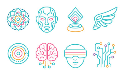Futuristic technology neon icon set. featuring ai, vr, circuit, brain, and robotics symbols.