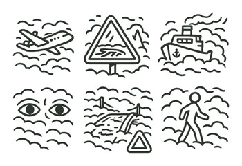 Travel and navigation linear icon set. featuring airplane, road sign, ship, eyes, bridge, and pedestrian symbols.