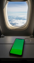 Naklejka premium Smartphone with green screen on airplane tray table, window view outside.
