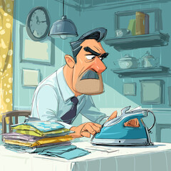 An illustration depicts a man ironing clothes in a cozy kitchen setting, with a sense of frustration