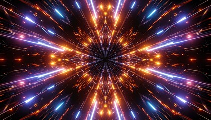 Symmetrical radiant fractal of orange and purple neon light streaks converging towards a distant point on a dark surface