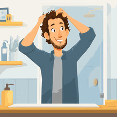 A Man Grooming Hair in Bathroom