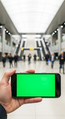 Smartphone with green screen inside a modern metro station.