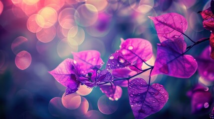 Vibrant Purple Bougainvillea Leaves with Water Droplets and Bokeh Light Effect
