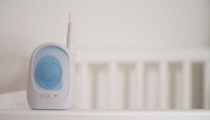 Baby Monitor on White Crib Railing with Soft Lighting and Blurred Background
