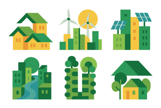 Eco-friendly city flat icon set. featuring houses, wind turbines, solar panels, river, trees, green buildings.