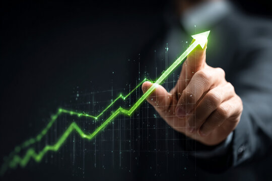 Green arrow chart rises with subtle tech texture. Business performance, financial report, presentation, company success. - Powered by Adobe