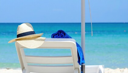 Beach Chair Sun Hat And Towel Under Umbrella Against Blue Ocean And Sky