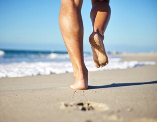 Barefoot Legs Running On Sandy Beach With Ocean Waves Under Clear Blue Sky