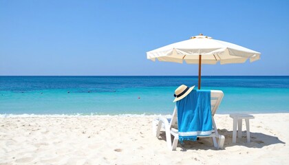 Beach Scene with Lounge Chair Parasol and Turquoise Water under Clear Blue Sky