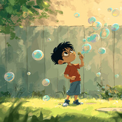 A young boy enjoys blowing bubbles in a sunny backyard, creating a scene of joyful play and simple pleasures