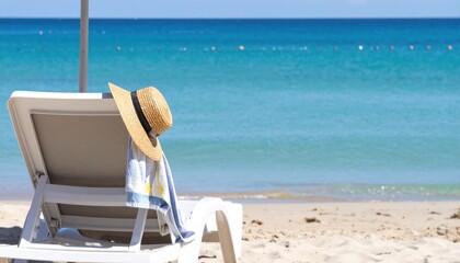 Beachside Lounge Chair With Hat And Towel On Sandy Shoreline With Blue Ocean And Sky Background