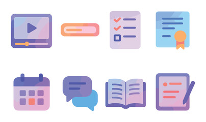 Multimedia education gradient icon set. featuring video, progress, checklist, certificate, calendar, chat, book, and document icons.