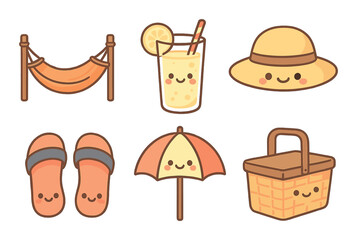 Summer holiday flat icon set. featuring hammock, lemonade, hat, sandals, umbrella, picnic basket.