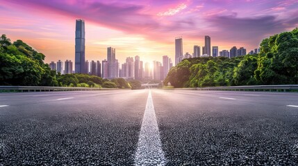 Urban Skyline Cityscape at Sunset with Modern Skyscrapers and Green Trees