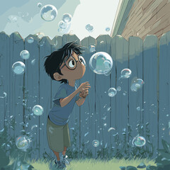 A young boy gazes up at floating bubbles in a backyard, filled with wonder and joy. The bubbles catch the sunlight, creating a magical scene