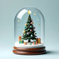 Christmas tree inside a snow globe with gifts
