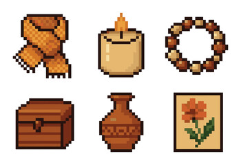 Home decor pixelated icon set. featuring scarf, candle, wreath, chest, vase, flower art.