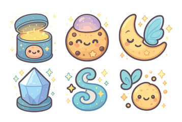 Celestial linear icon set. featuring sun, moon, star, crystal, butterfly, and cookie designs.
