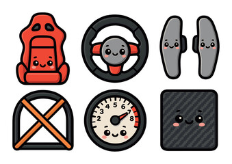 Racing equipment flat icons set. featuring seat, steering wheel, paddle shifters, helmet, speedometer, and carbon fiber.