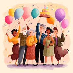 Family celebrating birthday together with birthday cake and colorful balloons