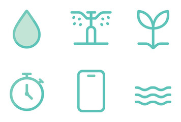 Gardening linear icon set. featuring drop, sprinkler, seedling, timer, smartphone, water symbols.
