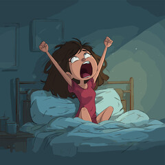 A sleepy woman waking up in the bedroom and feeling groggy, stretching while yawning. The scene is dimly lit, conveying the early morning mood. The woman is sitting in bed with her arms raised