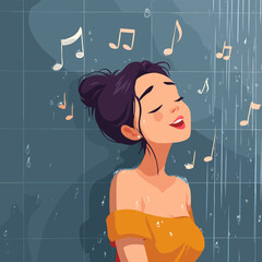 A young woman enjoying a shower with musical notes floating around. The woman looks happy and carefree. The shower environment is captured with a playful style.