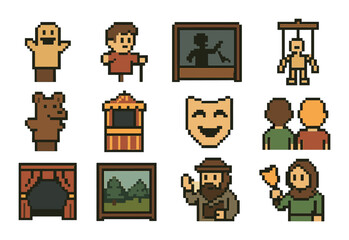 Theater and puppet show pixel icon set. featuring actor, puppet, stage, mask, painting, and audience symbols.