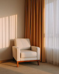A cozy armchair bathed in warm light, surrounded by soft curtains, creating a serene and inviting atmosphere in a minimalist room.