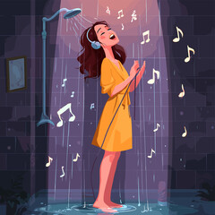 A woman enjoys singing and listening to music while taking a shower. Music notes float around her in this relaxing scene. She is wearing a yellow robe and headphones.