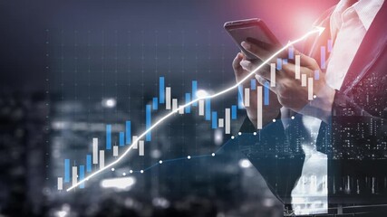 Business professional examines investment data on a smartphone amidst an upward trend graph, symbolizing growth and financial success in a modern urban setting. Copula - Powered by Adobe