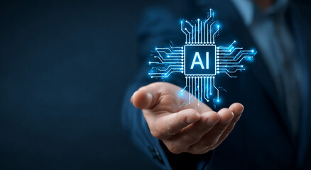 Blue AI chip glows on hand. Artificial intelligence, technology concept, UI/UX design, posters, presentation, website headers, digital marketing.