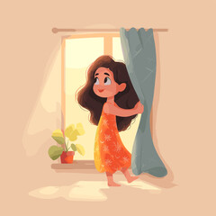 A cute girl is opening a window curtain. She has a bright dress and a gentle smile, surrounded by warm light and sunshine