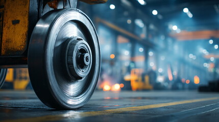 Close up of a heavy duty industry wheel. Industrial machinery and equipment background. Manufacturing and factory production concept.