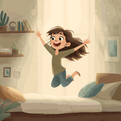 A joyful girl bouncing on a bed in her room