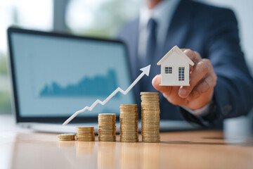 Gold coins and house imply growth; bright lighting. Ideal for real estate, finance, or investment marketing.