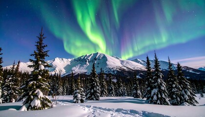 Winter landscape featuring snow-capped mountains and aurora borealis. Evergreen trees dot the snowy foreground, with vibrant green and purple lights dancing in the dark sky above