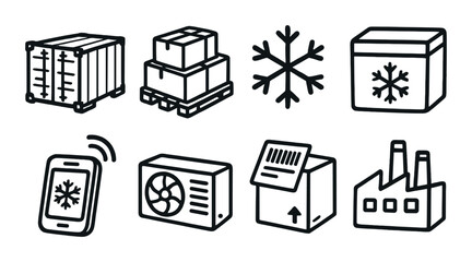 Industrial linear icon set. featuring cold chain, logistics, snowflake, refrigeration, and warehouse symbols.