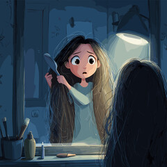 A young woman gazes at her reflection, brushing her long hair, a moment of quiet contemplation. The soft lighting and detailed art style evoke a sense of peace and introspection