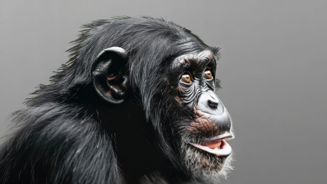 A close-up portrait of a chimpanzee with intense facial expression, possibly reflecting emotions such as sadness or anger.