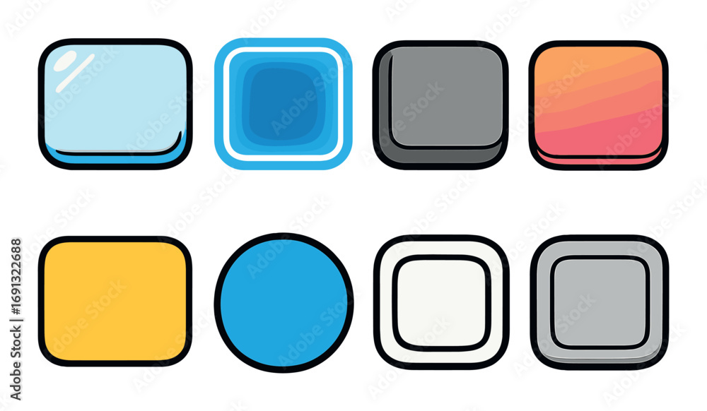 Poster app interface flat icons set. featuring button, toggle, switch, slider, menu, and settings symbols.