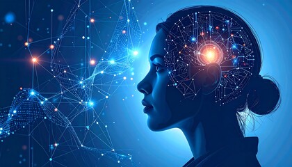 Woman's silhouette with an overlay of geometric network on her head and radiating lines, suggesting ideas or thought processes against a blue backdrop